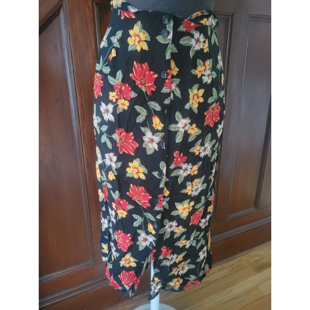 Sag Harbor Floral Button-Front Midi Skirt Womans Size XL Black Multicolor Polyes